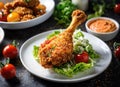 Fried crispy chicken drumstick in batter on plate with cherry tomato tartar sauce and lettuce