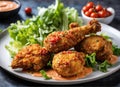 Fried crispy chicken drumstick in batter on plate with cherry tomato tartar sauce and lettuce