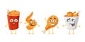 Fried crispy chicken leg and wing funny smiling cartoon character set. Roasted poultry meat cute happy face expression