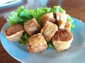 fried crispy pork with sauce and lettuce leaves , Deep Fried Crab Meat Rolls Royalty Free Stock Photo