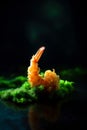 fried crispy shrimp on a wooden table with wasabi on a dark background