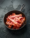 Fried crunchy Streaky Bacon pieces in a cast iron skillet