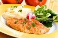 Fried cutlet - schnitzel - with puree and salad Royalty Free Stock Photo