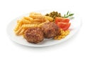 Fried cutlets with patato fries, isolated on white background.