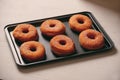 Fried Donuts with Powdered Sugar on metal baking dish Royalty Free Stock Photo
