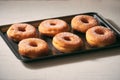 Fried Donuts with Powdered Sugar on metal baking dish Royalty Free Stock Photo