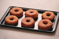 Fried Donuts with Powdered Sugar on metal baking dish Royalty Free Stock Photo