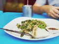 Fried duck with basil leaves on rice Royalty Free Stock Photo