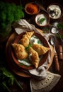 Fried dumplings with a delicious crust and sour cream and herbs. AI Generated