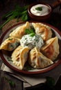 Fried dumplings with a delicious crust and sour cream and herbs. AI Generated