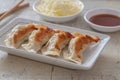 Fried dumplings Gyoza on plate and soy sauce Royalty Free Stock Photo