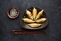 Fried dumplings Gyoza on a plate, soy sauce, and chopsticks Royalty Free Stock Photo