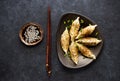 Fried dumplings Gyoza in plate, soy sauce, and chopsticks Royalty Free Stock Photo