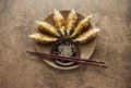 Fried dumplings Gyoza on a plate, soy sauce, and chopsticks on a stone background Royalty Free Stock Photo