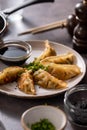 Fried dumplings gyoza stuffed with vegetables, with soy sauce and chopsticks, top view. Dark background. Royalty Free Stock Photo