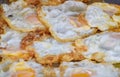 Fried egg Arranged on tray. Many fried eggs are arranged in shop, Delicious and cheap food, Protien from egg