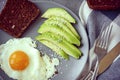 Fried egg, avocado slices, grain bread on a plate on a gray background close-up, fork Royalty Free Stock Photo