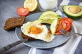 Fried egg, avocado slices, grain bread, tomato on a plate close-up, fork Royalty Free Stock Photo