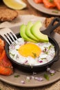Fried egg, avocado and smoked salmon in frying pan Royalty Free Stock Photo