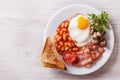 Fried egg with bacon, beans and toast horizontal top view Royalty Free Stock Photo