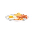Fried egg and bacon with beans and toast on white plate. Traditional English breakfast. Tasty food. Flat vector for cafe