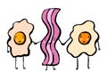 Fried egg and bacon characters. Vector illustration. Grunge hand-drawn style Royalty Free Stock Photo