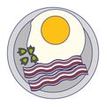 Fried egg and bacon on dish breakfast blue lines Royalty Free Stock Photo