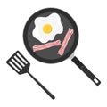 Fried egg and bacon in a frying pan with equipment for cooking. Breakfast food cartoon. Cooking foods. Scrambled eggs. Top view Royalty Free Stock Photo