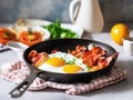 Fried egg with bacon and herbs in a frying pan on a white background with tomatoes and spicy close-up. Generated AI. The concept