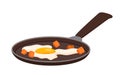 Fried egg with bacon or meat pieces in steel pan, cooked farm egg and ham or sausage