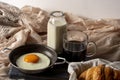 Fried egg with bread and coffee with milk Royalty Free Stock Photo