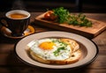 Fried Egg on bread and cup of Coffee for Breakfast. Fried egg with bread on plate over wooden table Royalty Free Stock Photo