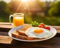 Fried Egg on bread and a glass of orange juice for Breakfast. Fried egg with bread on plate over wooden table Royalty Free Stock Photo