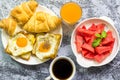 Fried egg and bread placed on the table, top view of food Royalty Free Stock Photo