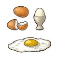 Fried egg and broken shell. Vintage color engraving illustration Royalty Free Stock Photo