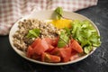 Fried egg, buckwheat, portion healthy tomato green lettuce lunch food