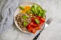 Fried egg, buckwheat, portion protein ingredient breakfast healthy tomato green lettuce lunch food