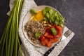 Fried egg, buckwheat, portion protein healthy tomato green lettuce lunch food