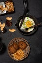 Fried egg in a cast-iron frying pan. Breakfast - kitchen utensils Royalty Free Stock Photo