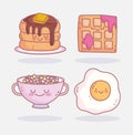 Fried egg cereal pancake and waffle menu breakfast cartoon food cute