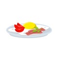 Fried egg. Delicious omelet with vegetables. Tasty Tomato, greens and bacon on scrambled egg.