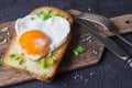 Fried egg on a toast with a green onion. Valentine`s Day