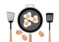 Fried egg on frying pan in kitchen and spatula, ilustrations