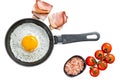 Fried egg in a frying pan with tomatoes and bacon. Isolated, white background. Royalty Free Stock Photo