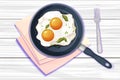 Fried egg on frying pan top view in cartoon style on wooden table background. Breakfast meal Royalty Free Stock Photo