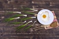 Fried egg, green chives , white plate, knife and fork look like sperm competition. Spermatozoon floating to ovule . Close up