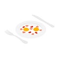 Fried egg with ham, sausage and tomato on plate isometric view. Breakfest. Vector