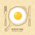 Fried egg and hand drawn pan, fork and knife on seamless background with outline food icons.