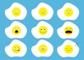 Fried egg icon emoji set. Funny kawaii cartoon characters. Emotion collection. Happy, surprised, smiling crying sad angry face hea