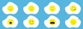 Fried egg icon emoji set line. Funny kawaii cartoon characters. Emotion collection. Happy, surprised, smiling crying sad angry